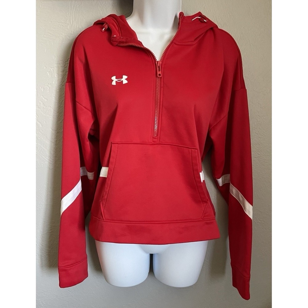 Under Armour Cropped‎ Hoodie Sweater Womens Large Red White Fleece Storm Fleece